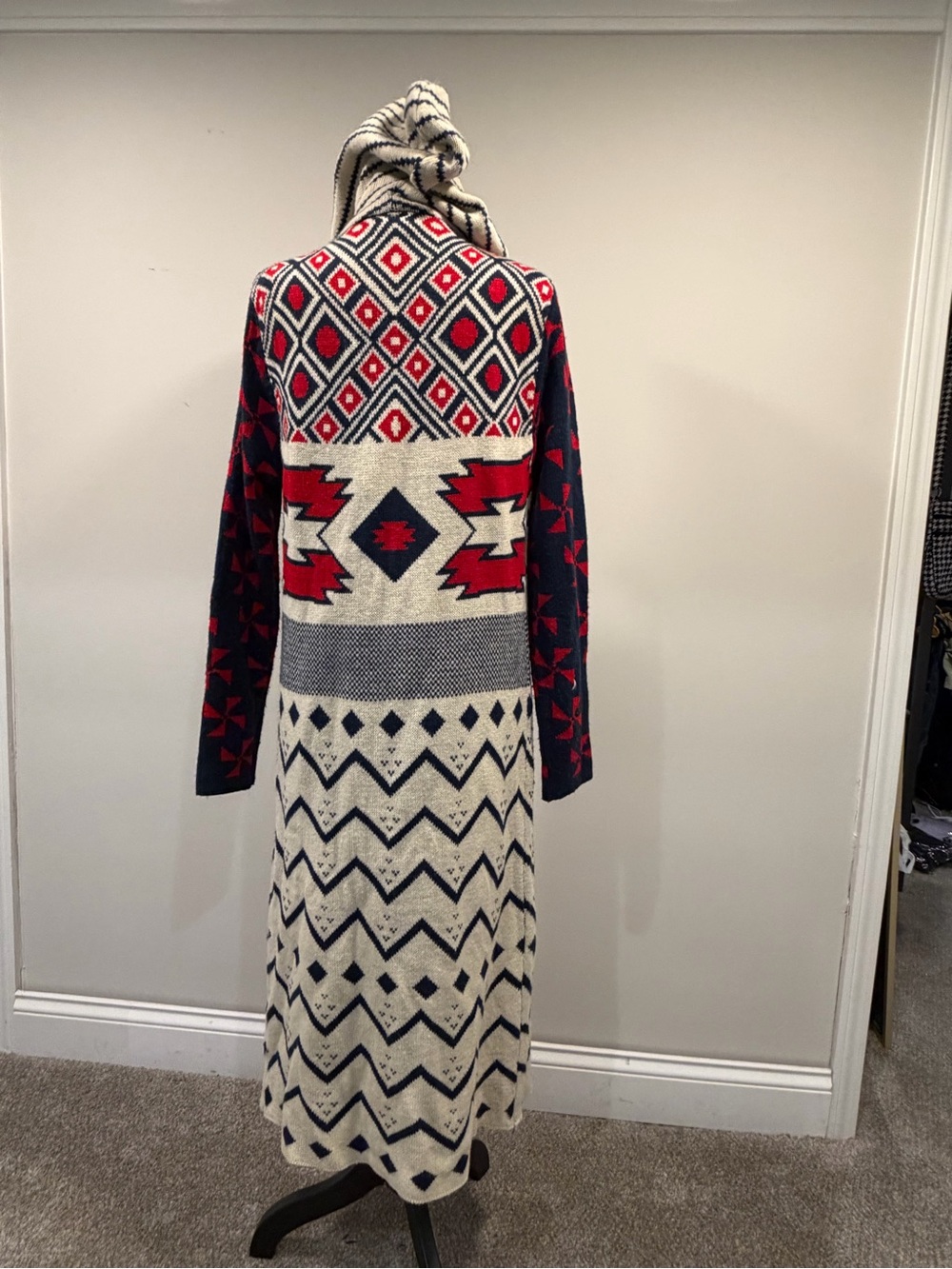 Hooded Knit Long Cardigan - Cream, Navy & Red - Picture 2 of 4